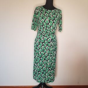 Boden Tencel Knit Midi Dress Green Floral Print Half Sleeve Side Pleat 6 Tall